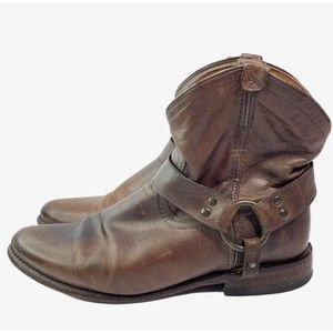 FRYE 7.5 B Womens Brown Wyatt Harness Boots Short Ankle Booties Almond Toe